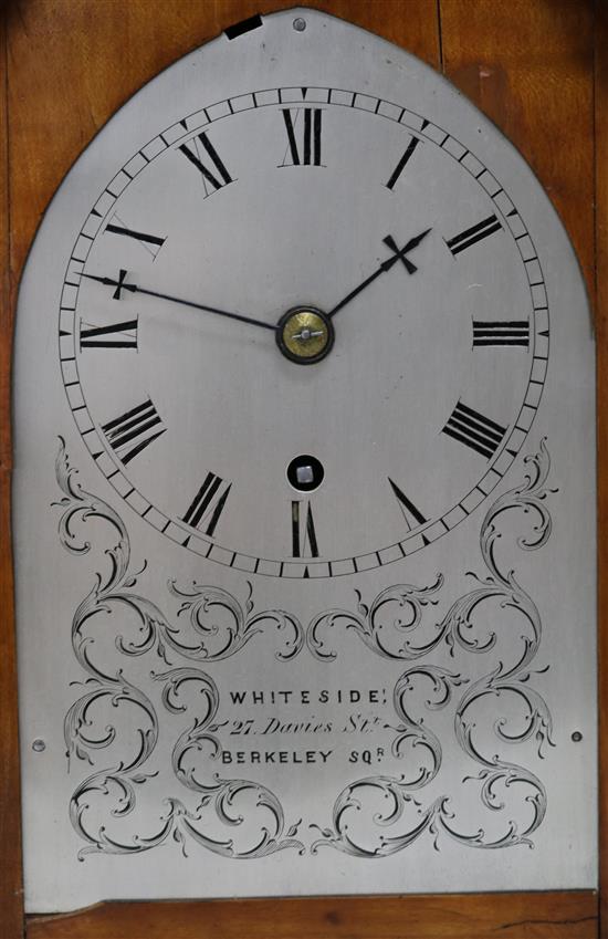 An early Victorian ebony and satinwood mantel timepiece, 13.5in.
